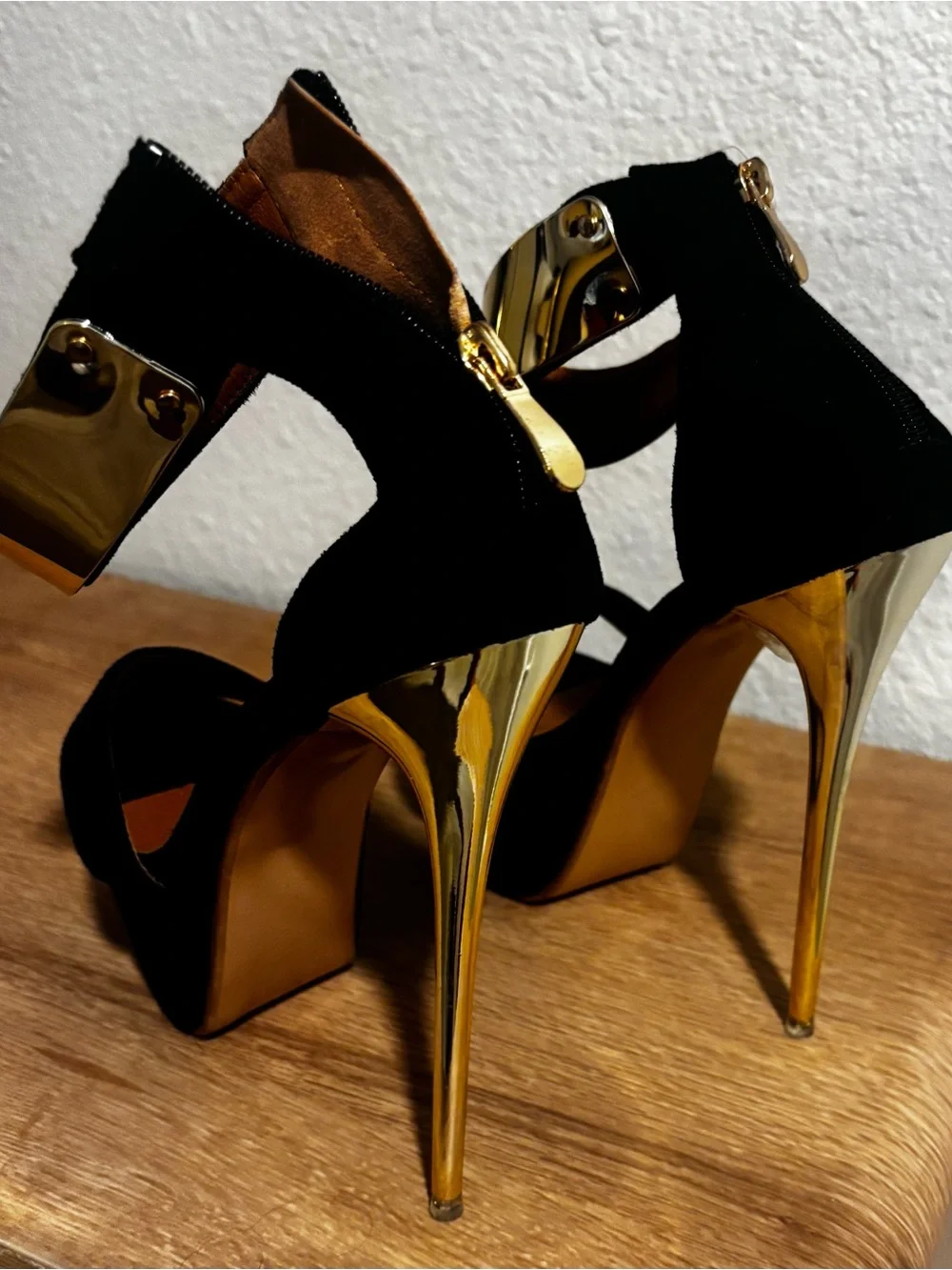 NWOT - Black Suede Stiletto Sandals with Gold Accent Ankle Cuff